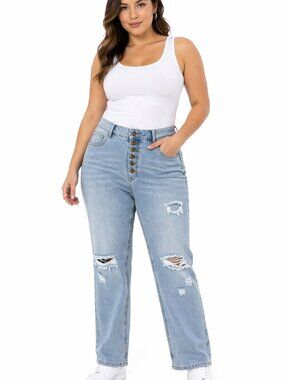 DT Jeans Distressed Button Fly Straight Leg Light Wash 1XL